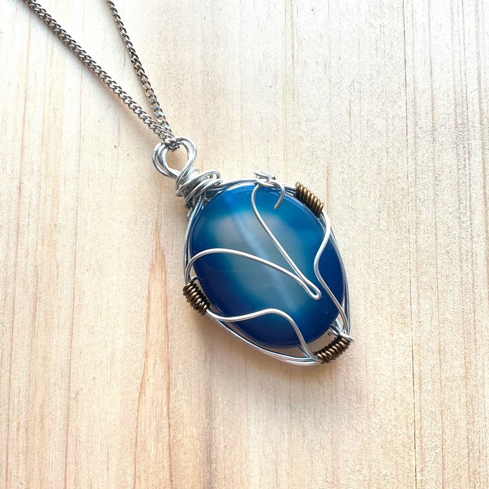 Blue agate wire wrapped pendant necklace arias sign zodiac jewelry handmade